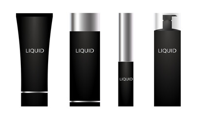 Set of black cosmetic products, mock up Set, black color cosmetic products on white background. Blank black bottles, Squeeze tubes and containers. Vector mockup.