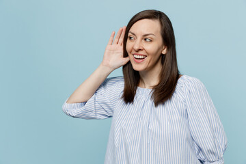 Young happy curious nosy smiling woman she 20s wears casual blouse try to hear you overhear...
