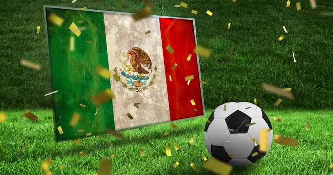 Animation of falling gold confetti and football ball over flag of mexico