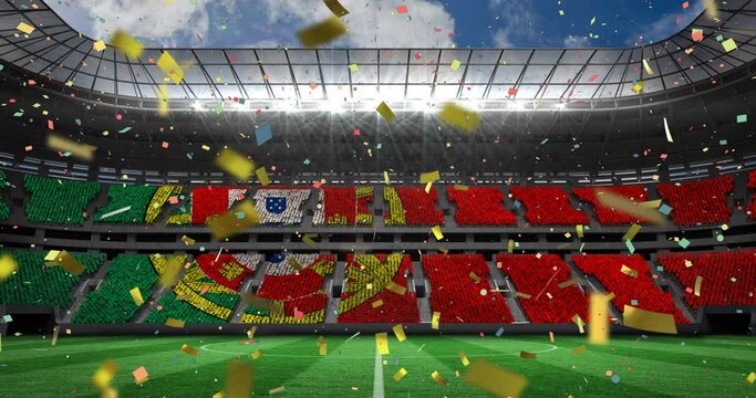 Animation of falling gold confetti over football stadium