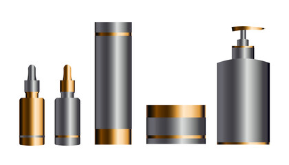 Set of grey and golden cosmetic products, mock up Set, grey and golden color cosmetic products on white background. Blankgrey bottles, Squeeze tubes and containers. Vector mockup.