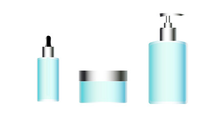 Set of blue cosmetic products, mock up Set, blue color cosmetic products on white background. Blank blue bottles, Squeeze tubes and containers. Vector mockup.