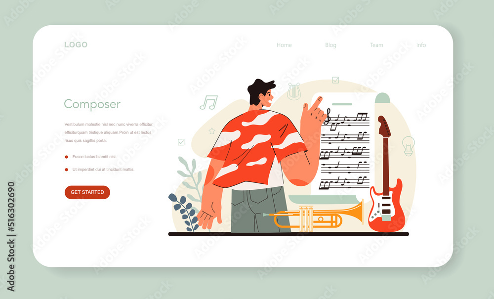 Poster composer web banner or landing page. author making and playing