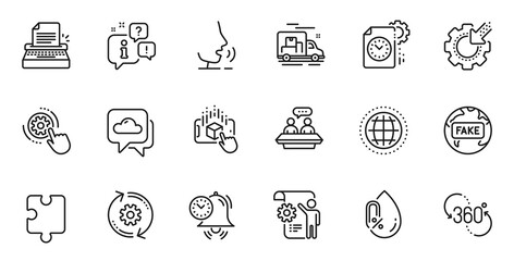 Outline set of Augmented reality, Cogwheel settings and Fake news line icons for web application. Talk, information, delivery truck outline icon. Vector