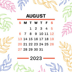 August. Calendar 2023. Leaves. Vector leaf. Hand drawn repeating elements. Fashion design print. Natural background