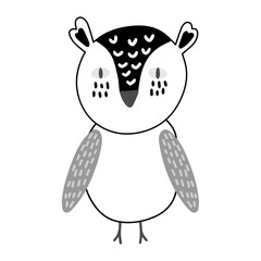 Hand drawn vector illustration of a cute funny owl. Isolated objects on white background. Scandinavian style design. Concept nursery print.