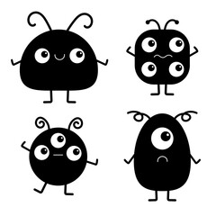 Happy Halloween. Cute monster icon set. Kawaii cartoon funny baby character. Sticker print template. Black silhouette. Eyes, horn, fang teeth tongue. Flat design. White background.