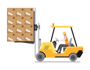 Forklift loading pallet boxes, side view. Electric uploader loading cardboard boxes in delivery vehicle. Logistic and shipping cargo. Warehouse storage equipment. Delivery concept
