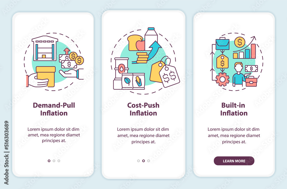Poster inflation types onboarding mobile app screen. increasing prices walkthrough 3 steps editable graphic