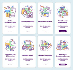 Inflation consequences onboarding mobile app screen set. Walkthrough 4 steps editable graphic instructions with linear concepts. UI, UX, GUI template. Myriad Pro-Bold, Regular fonts used