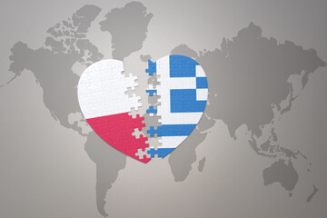 puzzle heart with the national flag of greece and poland on a world map background.Concept.