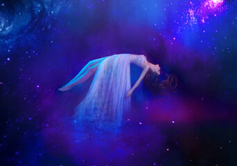 portrait fantasy woman sleeping beauty soars floats in dream, night starry dark sky. Girl flies in...