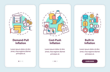 Inflation types onboarding mobile app screen. Increasing prices walkthrough 3 steps editable graphic instructions with linear concepts. UI, UX, GUI template. Myriad Pro-Bold, Regular fonts used