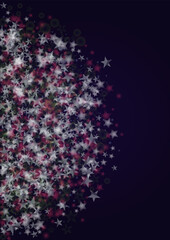 Vector Magical Glowing Background with Silver and Purple Falling Stars on Black. Sparkle Star Night Design. Glittery Confetti Frame. Bokeh Light. 