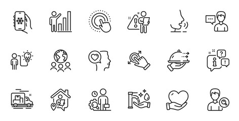 Outline set of Business idea, Search employee and Volunteer line icons for web application. Talk, information, delivery truck outline icon. Vector