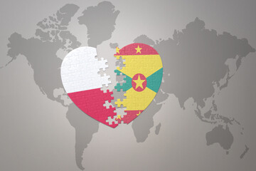 puzzle heart with the national flag of grenada and poland on a world map background.Concept.
