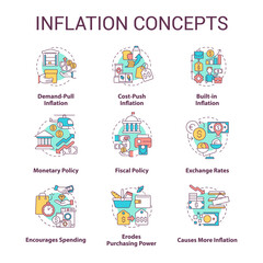 Inflation concept icons set. Types and causes. Increasing prices. Purchasing power idea thin line color illustrations. Isolated symbols. Editable stroke. Roboto-Medium, Myriad Pro-Bold fonts used