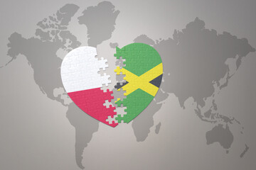 puzzle heart with the national flag of jamaica and poland on a world map background.Concept.