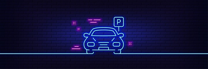 Neon light glow effect. Car parking line icon. Auto park sign. Transport place symbol. 3d line neon glow icon. Brick wall banner. Parking outline. Vector - obrazy, fototapety, plakaty