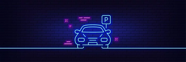 Fototapeten Neon light glow effect. Car parking line icon. Auto park sign. Transport place symbol. 3d line neon glow icon. Brick wall banner. Parking outline. Vector © blankstock