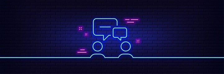Neon light glow effect. People chatting line icon. Business seminar sign. Job meeting symbol. 3d line neon glow icon. Brick wall banner. People chatting outline. Vector