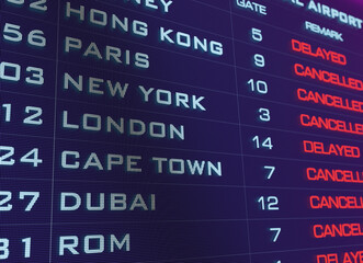 Obraz premium Airport flight time table. Monitor with flight data. Flights are cancelled or delayed. International airport, tourism and travel concept. 3D illustration