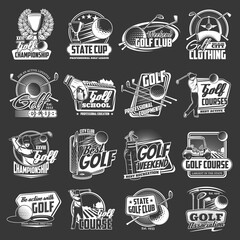 Golf icons, sport club championship cup of league team, vector emblems. Golf club and school tournament, golfer equipment balls and bats, sport recreation activity and training on course