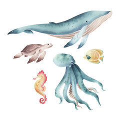 Watercolor set of sea animals.