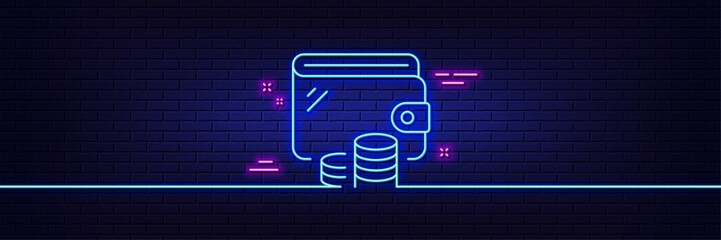 Neon light glow effect. Wallet line icon. Money purse sign. Cash budget symbol. 3d line neon glow icon. Brick wall banner. Wallet outline. Vector