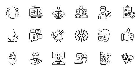 Outline set of Fake review, Edit person and Artificial intelligence line icons for web application. Talk, information, delivery truck outline icon. Vector