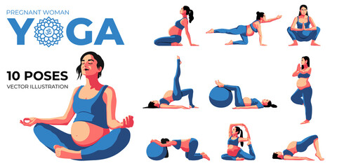 Set of happy pregnant girls in a sports suit doing yoga and exercises for health and relaxation. International Yoga Day. The pregnant woman performs aerobics exercises and morning meditation at home.