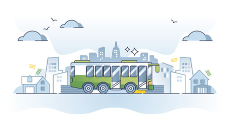 Public transportation type with bus vehicles for route ride outline concept. City infrastructure with roads, stations and automobile shuttle services vector illustration. Effective traffic management. - obrazy, fototapety, plakaty