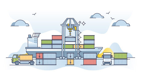 Container industry and freight transportation logistics outline concept. Import or export loading or unloading process from cargo ship to vehicle trucks vector illustration. Heavy shipment terminal.