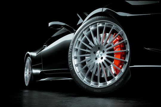 Black sports car, close up wheel brakes in studio light 3D