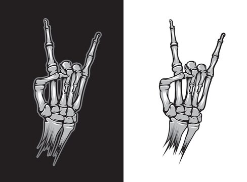 Hand bone tattoo, victory gesture of skeleton hand, vector peace sign. Hard rock finger bones in victory symbol, rockers or heavy metal skeleton death rising V sign for t-shirt print