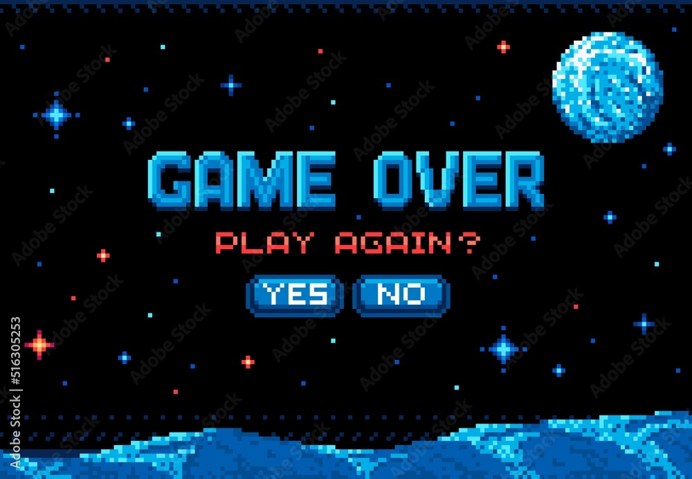 Poster pixel game over screen, space planet surface in starry galaxy, vector video arcade poster. b bit ret
