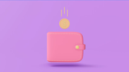 3d illustration when fly coin in portmone. Wallet with Dollar coin falling in it. 3d rendering.