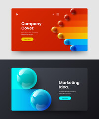 Amazing realistic balls landing page template composition. Vivid leaflet vector design layout set.