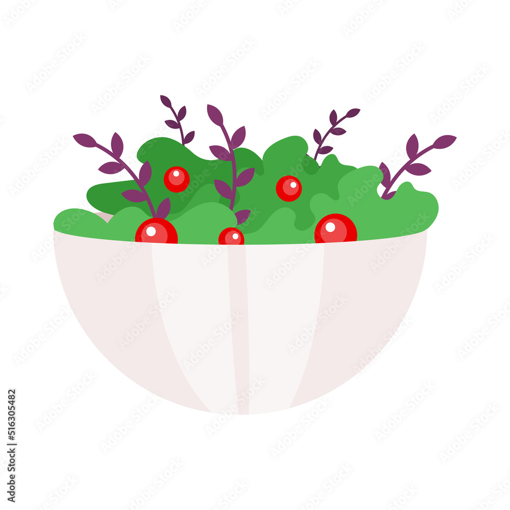 Poster green salad with tomatoes semi flat color vector object. full sized item on white. preparing dish fo