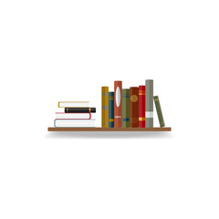 A Books on wooden brown shelf. bookshelf in wall. bookshelf have shadow. object isolate from white background. library, book shop.