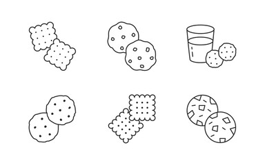 Cookie doodle illustration including icons - fresh sugar biscuit, crisp cracker, glass of milk, pastry, snack. Thin line art about confectionery products. Editable Stroke