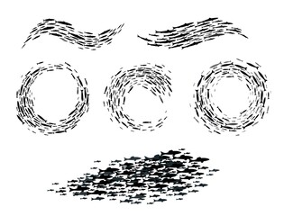 Shoal and fish school silhouette, sea fishes group in ocean or marine water, isolated vector. Fish school of herring, salmon or tuna swimming in deep ocean in round or wave shoal frames