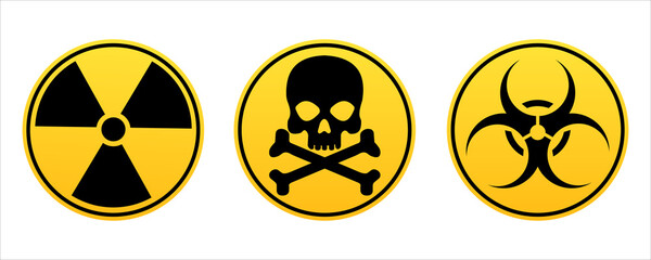 Warning sign on white background. Radiation sign, toxic sign and biohazard vector icon for app, web, game, printe