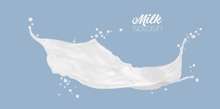 Realistic Yogurt, Milk Or Cream Wave Splash With Drops, Vector Dairy Swirl Background. White Milky Drink Pour Flow Or Yoghurt And Milkshake Spill Long Wave With Splatters, Dairy Food And Beverage