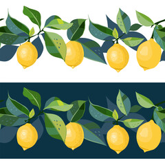 Two borders with vector drawn  lemons and leaves. Seamless pattern. Can be used for textile design, fabric prints. 