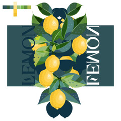 Illustration  with lemons, leaves and text.   Can be used for lemon based products as label. Vector illustration. Graphic design template. 