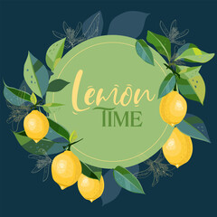 Greeting card with a wreath of lemons, leaves and flowers. Can be used to print on t-shirts, bags, phone cases, labels. Vector illustration.