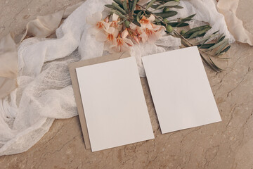 Summer Mediterranean floral wedding stationery. Set of greeting cards, invitations mock ups. Beige...