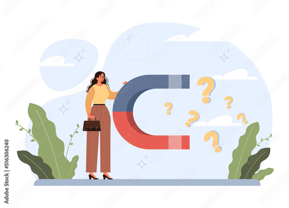 Poster question concept. confused character in doubt with big question
