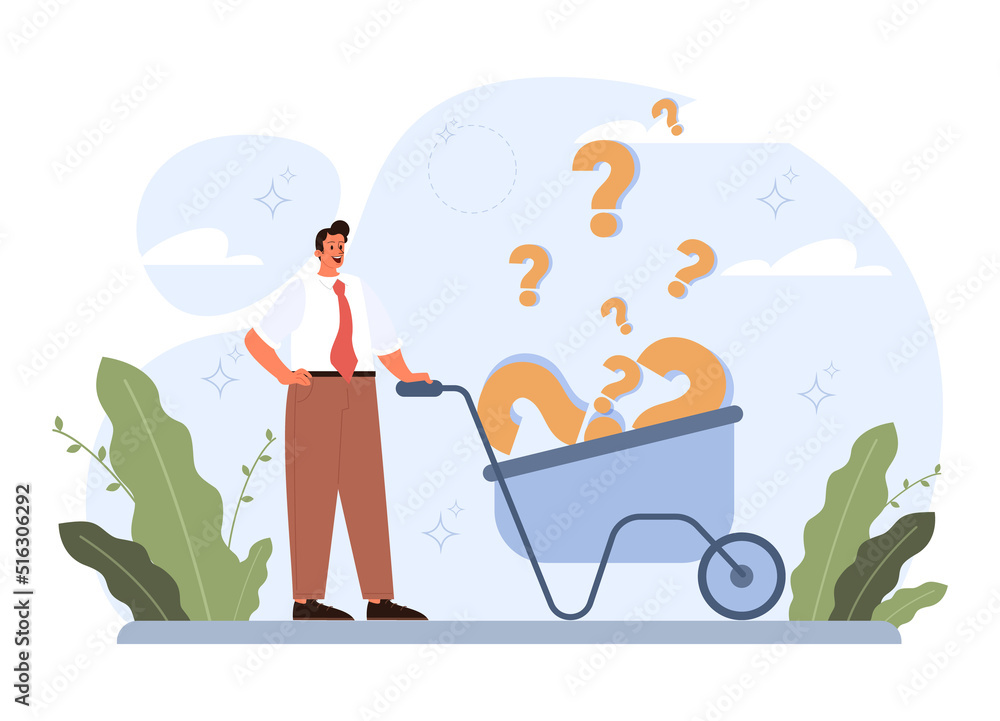 Poster question concept. confused character in doubt with big question